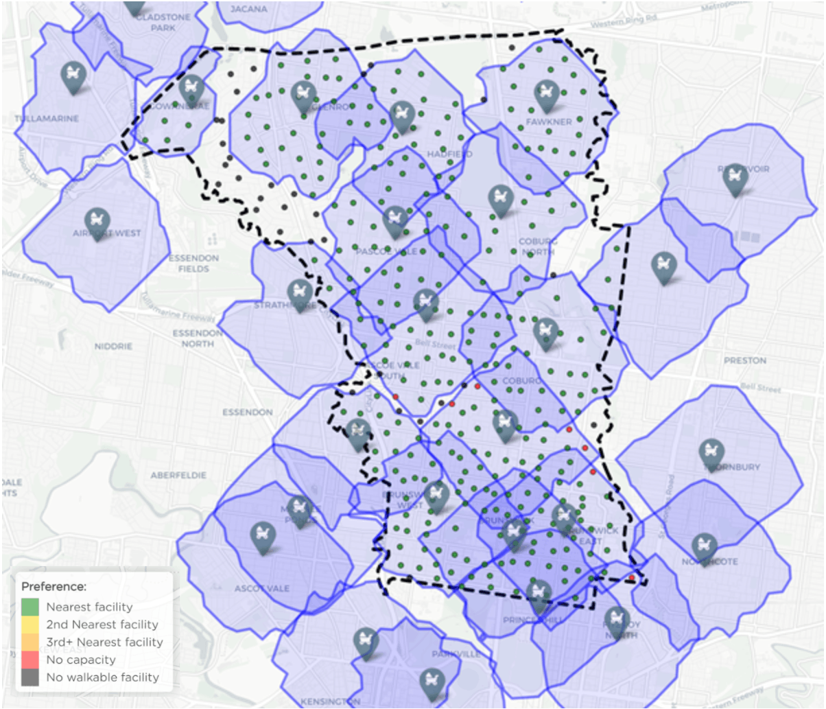 Residential areas are displayed as circulkar coloured dots on the facility usage map