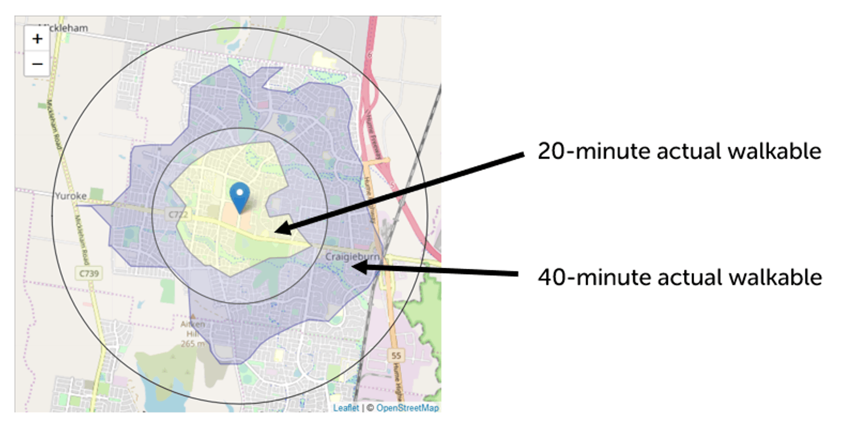 A map showing a location, and 20-minute and 40-minute actual walkable area around the site