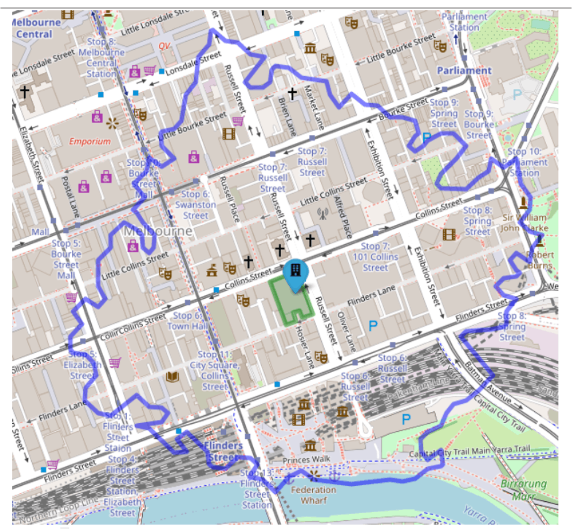 Map showing the 7-minute catchment for an office building