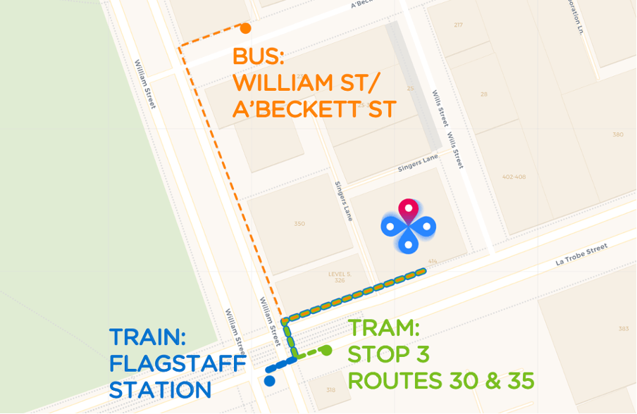 Walking paths from the closest, train, bus and tram to the propella.ai office