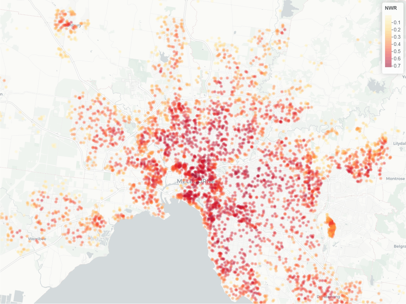 A map of Greater Melbourne showing how walkability varies across various suburbs of Melbourne