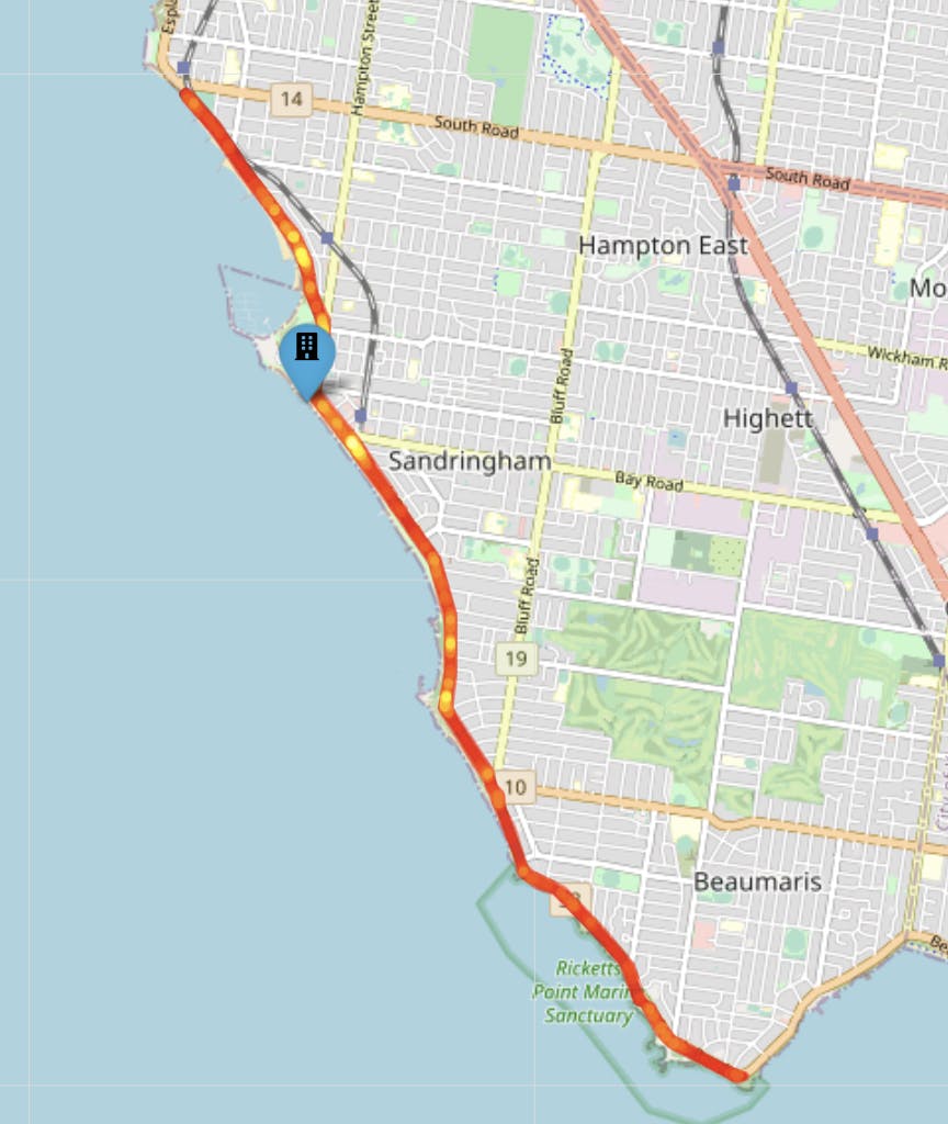 Map showing the walk/bike path we analysed along the beach in Melbourne from Brighton to Beaumaris.