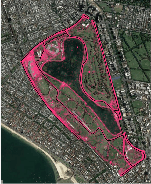 Arial view map showing data instances of people "travelling" within and around Albert Park Lake