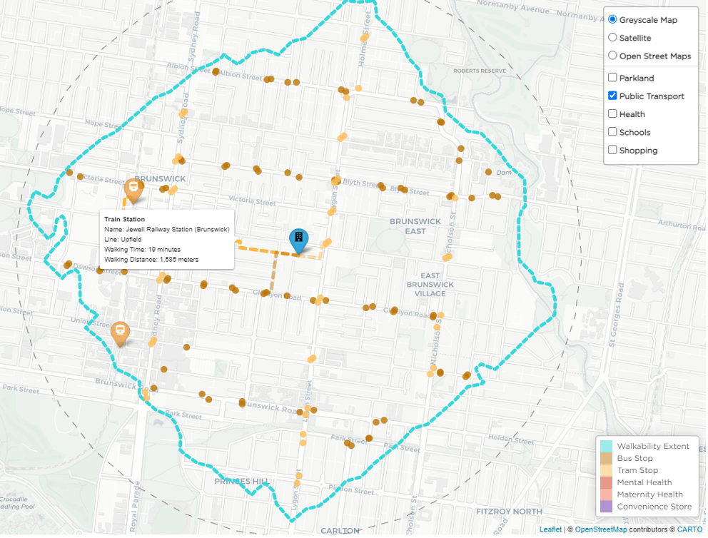 Screenshot from propella's location intelligence app, showing public transport stops for a given 20-minute neighbourhood, including walking time to nearest train station