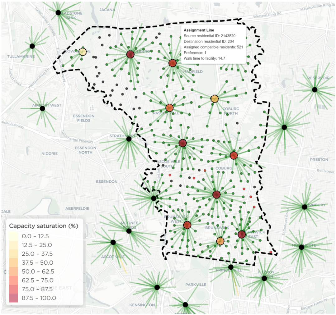Facility Usage map with residential area assignment lines, and facility usage indicators