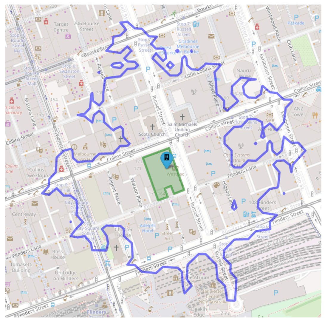 Map showing a 4-minute walking isochrone around an office building