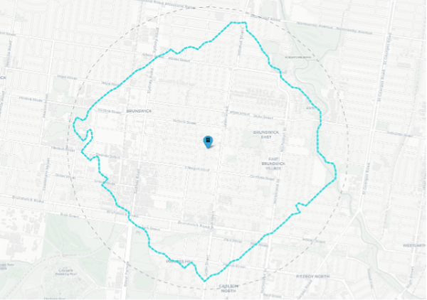 20-minute walking catchment around an arbitrary location and the theoretical uninhibited walking area, 1600m radius