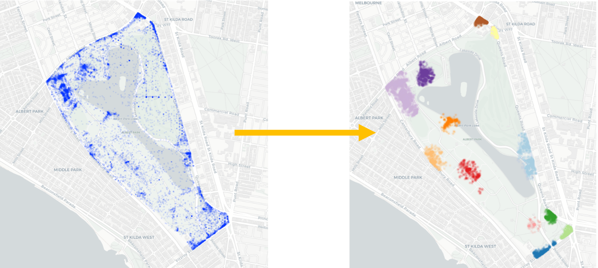 Albert Park Lake parkland maps. The left image shows the raw data from mobile data events. The right image reveals clusters of activity