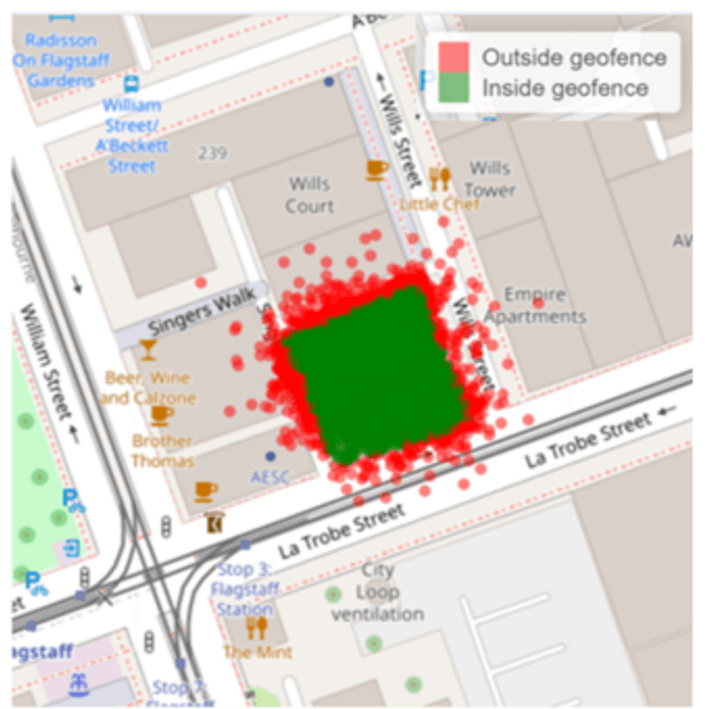 Map showing identification of mobile devices within a building polygon using mobile event data