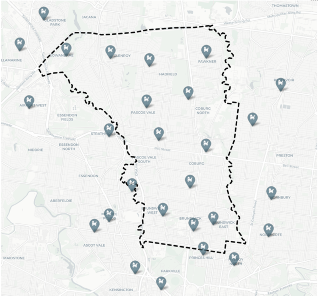 Map showing Maternal and Child Health Centres within City of Moreland and surrounding LGAs