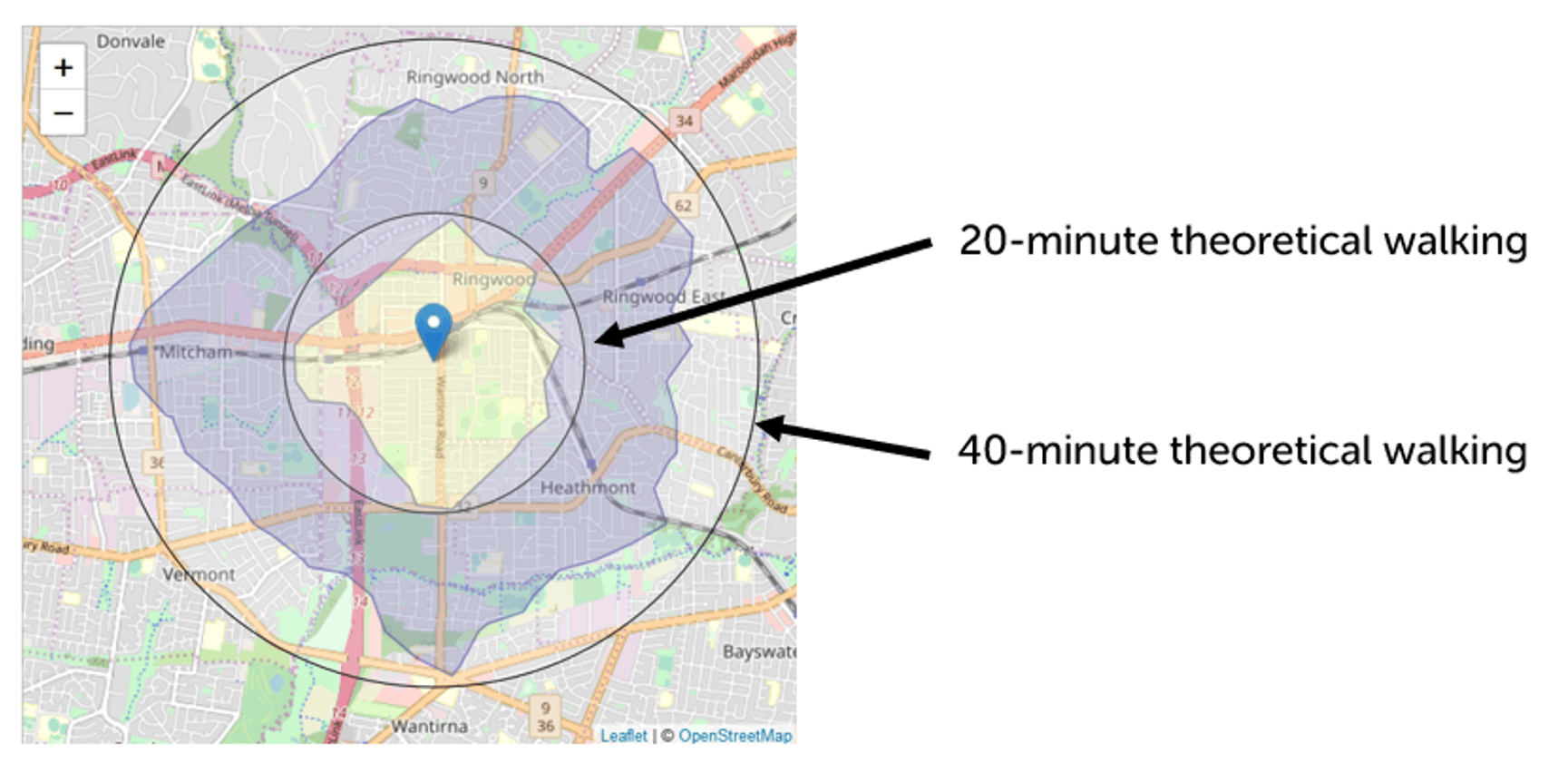 A map showing a location, and 20-minute and 40-minute theoretical walking area around the site