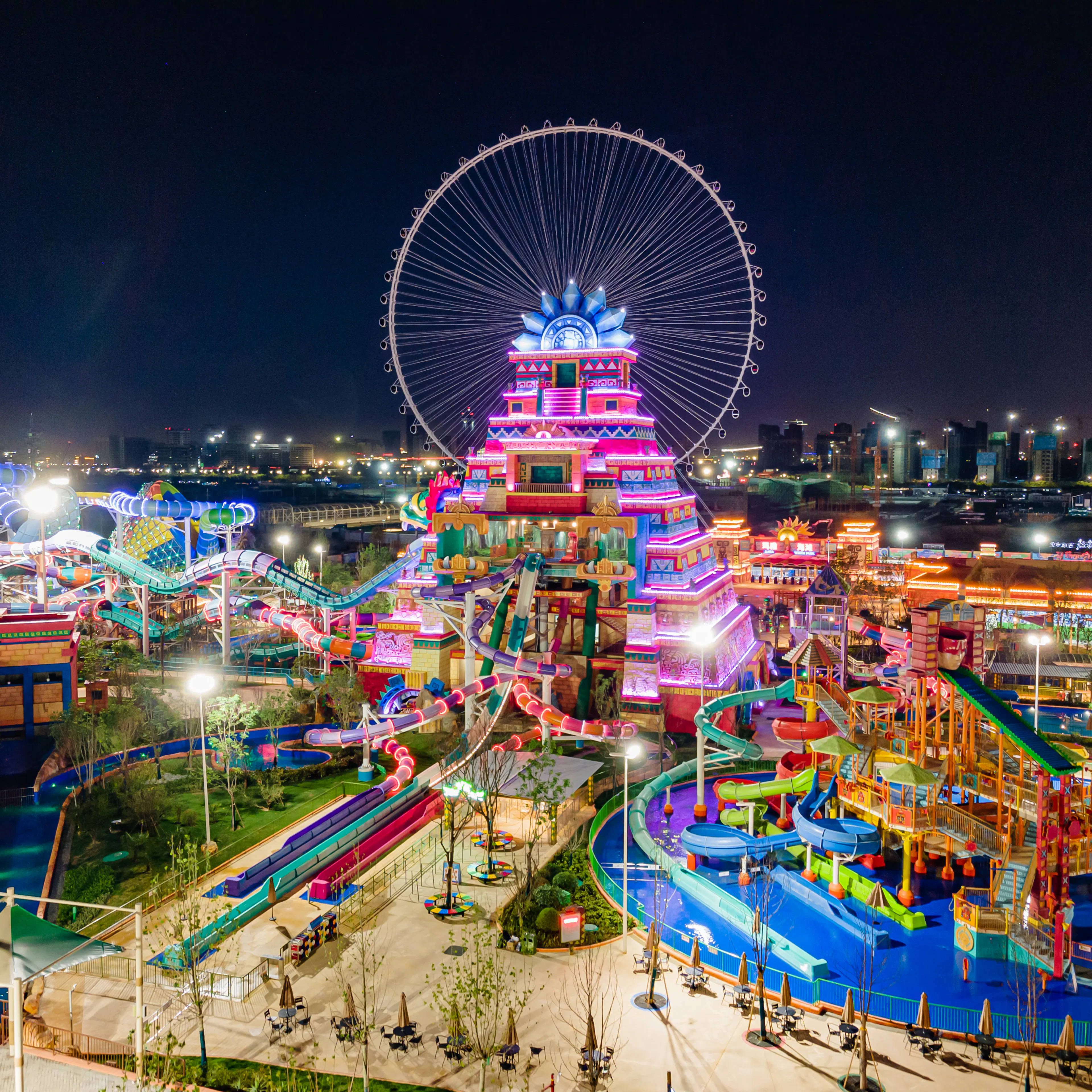 Aerial shot of OCT Xi'an water park at night