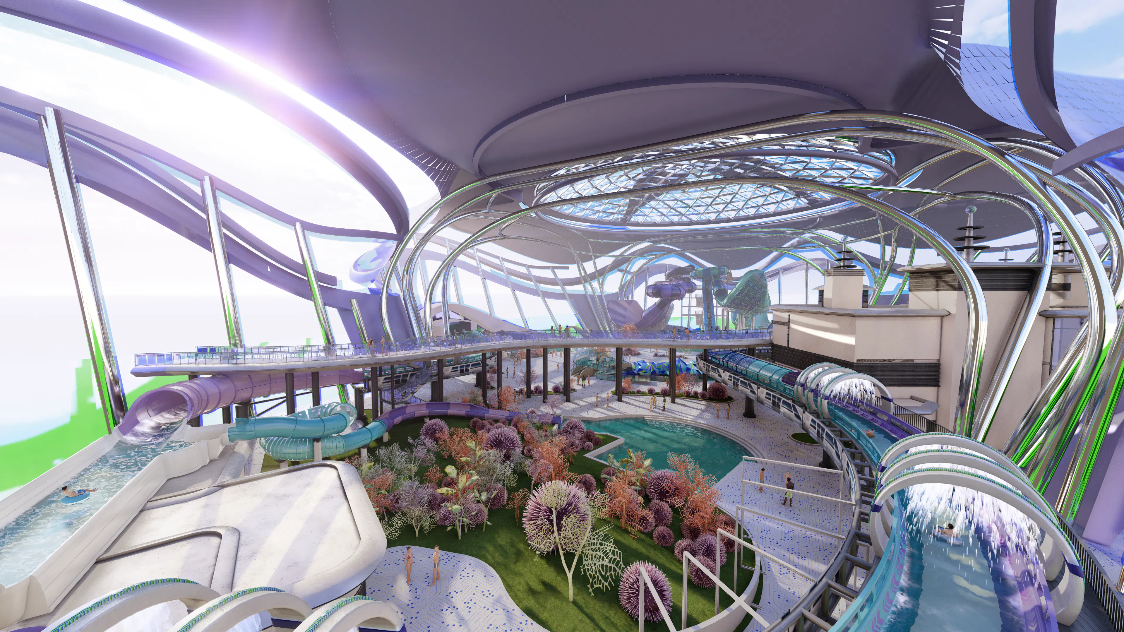 Digital render of the interior of a futuristic indoor water park with landscaping, a PowerRIVER, and other ProSlide water rides in the background