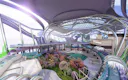 Digital render of the interior of a futuristic indoor water park with landscaping, a PowerRIVER, and other ProSlide water rides in the background