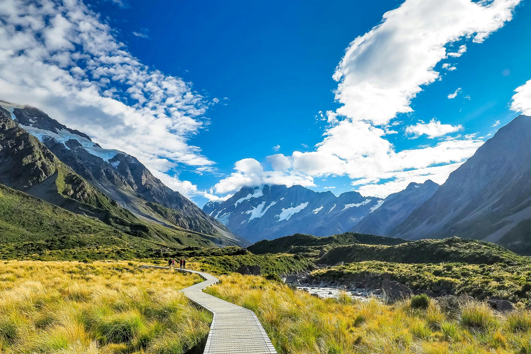 Path through New Zealand countryside with mountains sprawling ahead and a blue sky with clouds