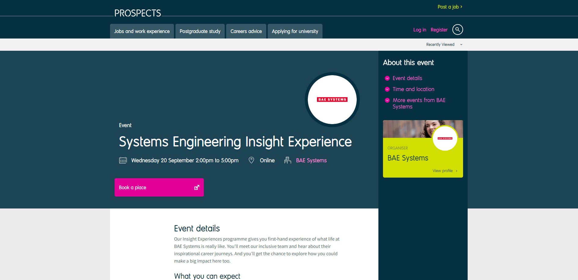 Example of an event listing on Prospects.ac.uk