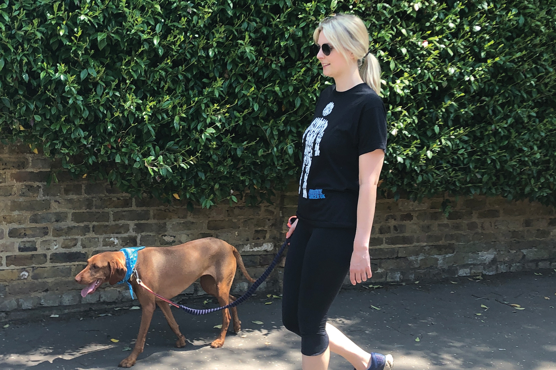 Woman walking in sunshine with dog 