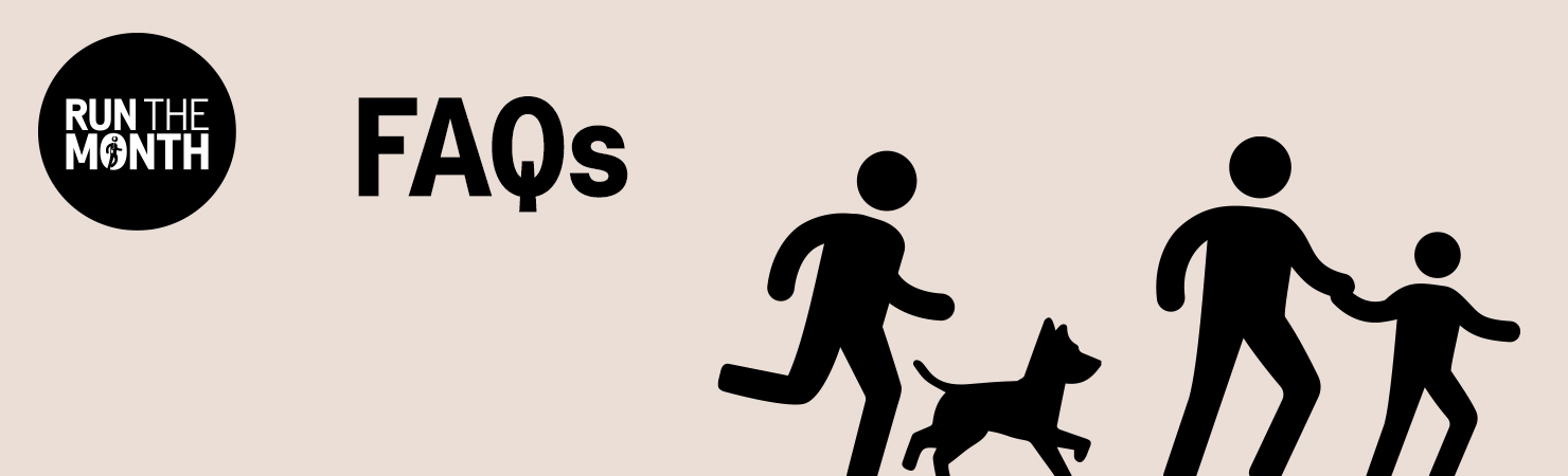 Run the Month FAQs banner with icons of running, walking a dog and walking together.