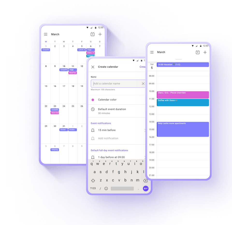 Images of the Proton Calendar Android app.