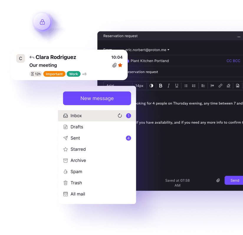 Images of the proton Mail menu bar and message composer in dark mode.