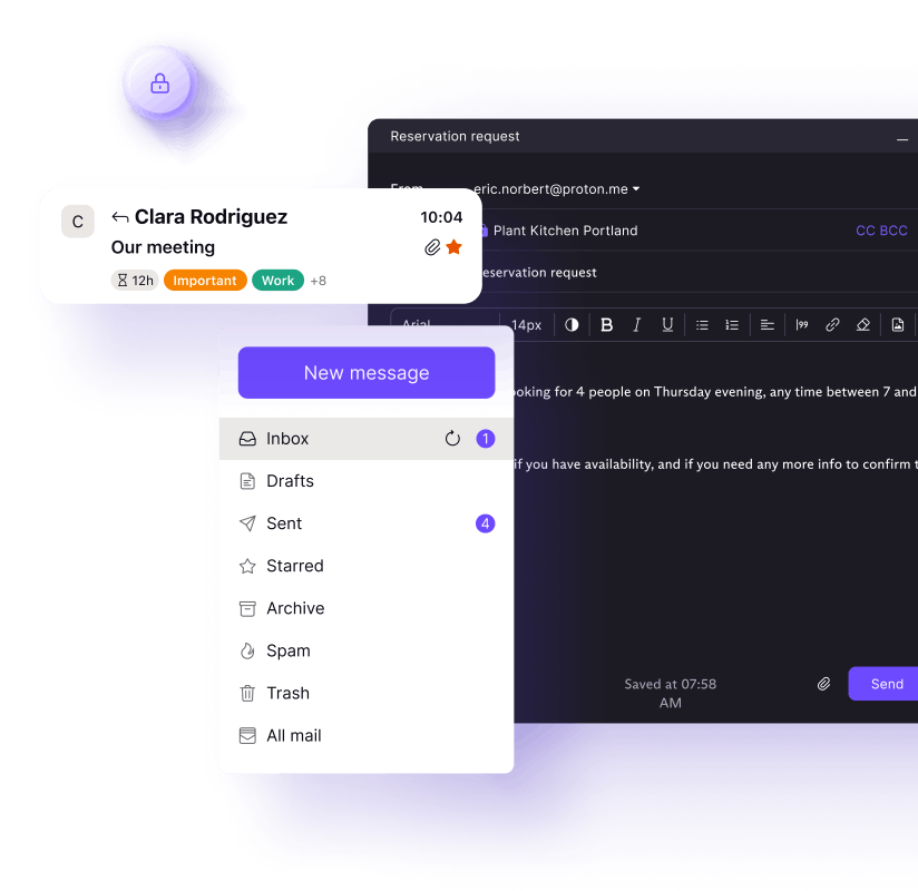 Images de la barre de menus et de l'éditeur de message Proton Mail avec le Thème Sombre.