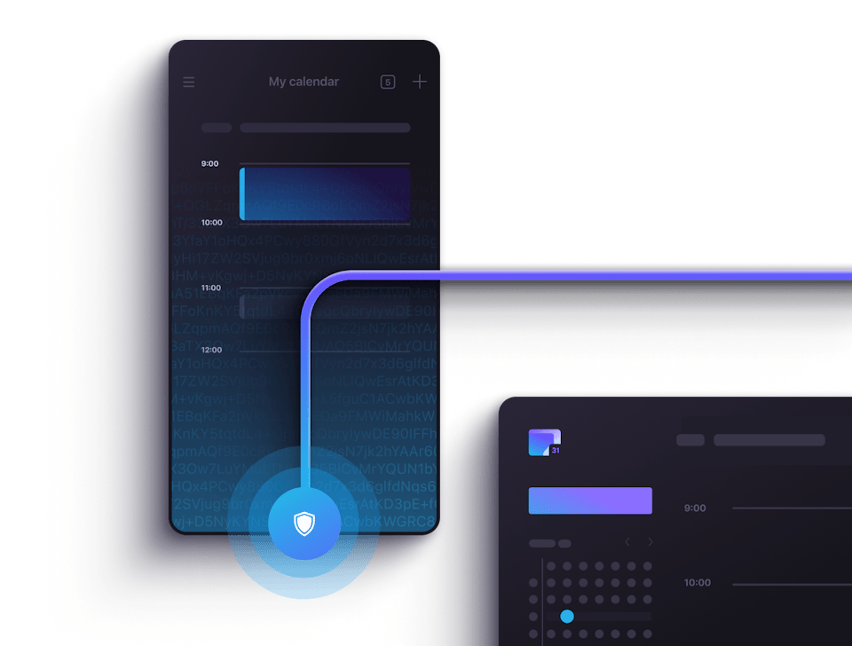 Images of the Proton Calendar web app and the Android app in dark mode.