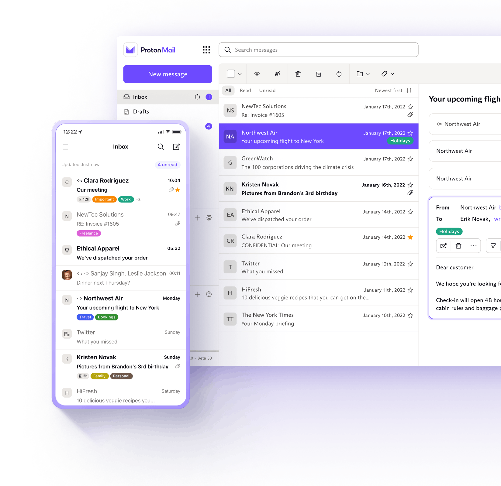 Interface de Proton Mail, sur ordinateur et mobile.