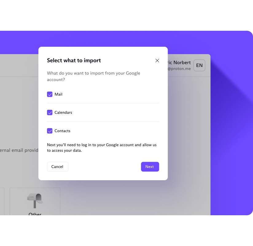 The Easy Switch menu, where you can select your existing email provider to start