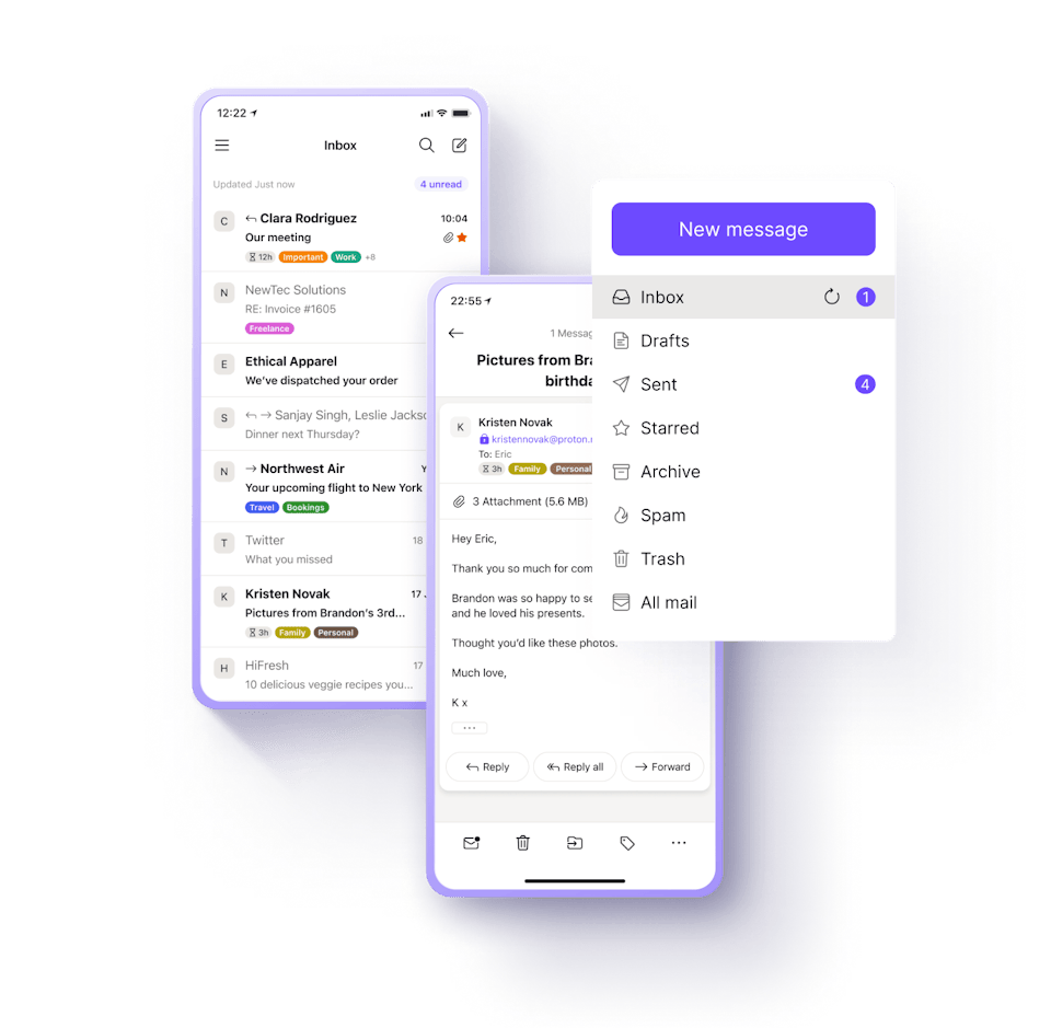 Images of the Proton Mail inbox and message composer on our Android app.