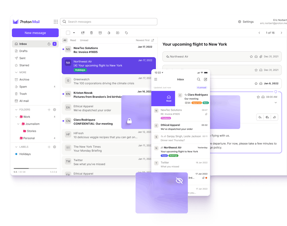 Images of the end to end encrypted and zero access encrypted Proton Mail inbox and message composer.