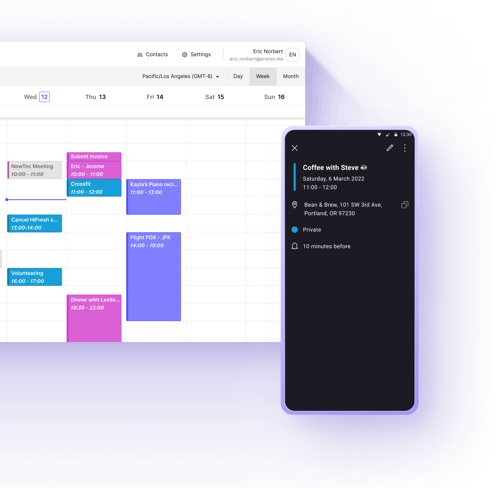 Las aplicaciones web y móvil de Proton Calendar.