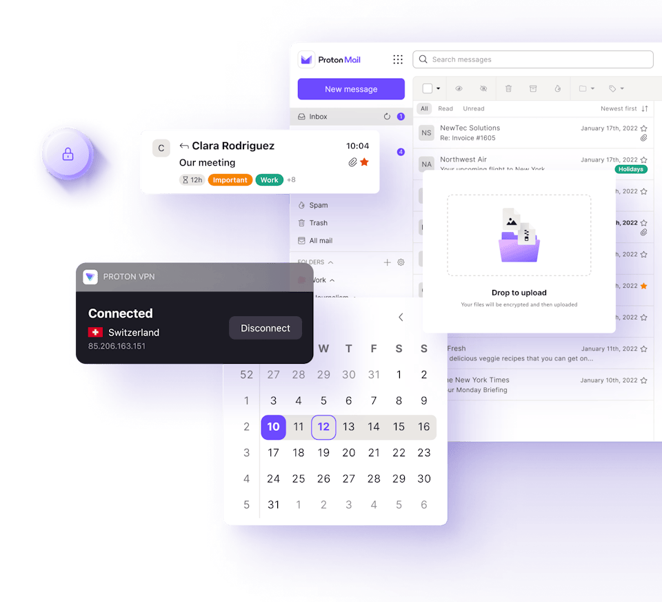 Images of Proton Mail, Proton VPN, Proton Drive, and Proton Calendar interfaces.
