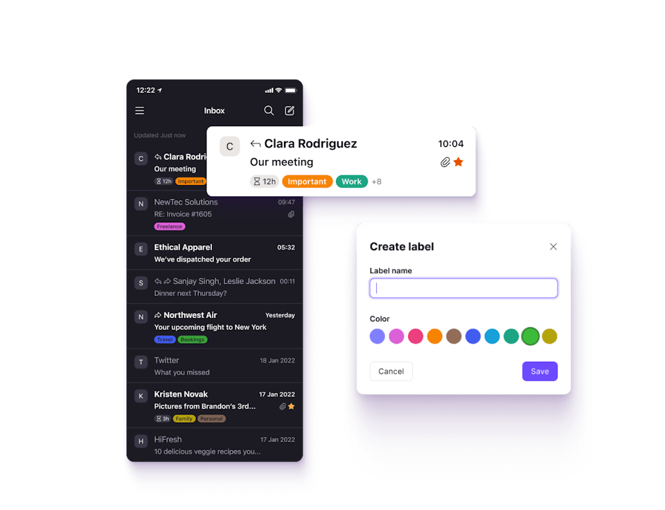 Images of the proton Mail interface with folders, labels and colors.