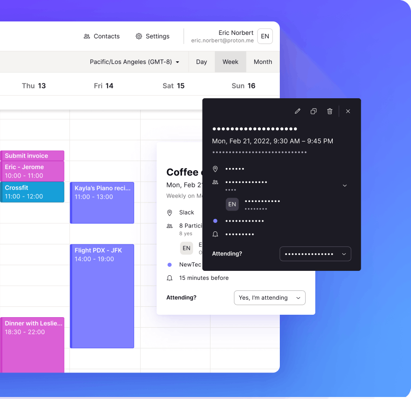 Proton Calendar cifra todos los datos de sus eventos para que solo usted pueda acceder a ellos.