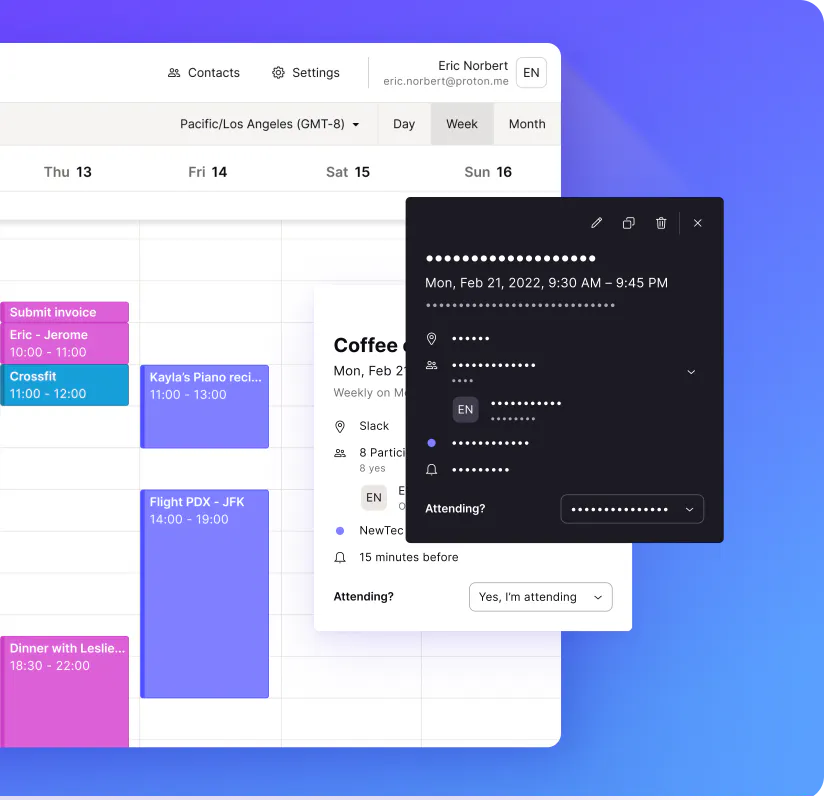 Proton Calendar encrypts all your event details so only you can access them.
