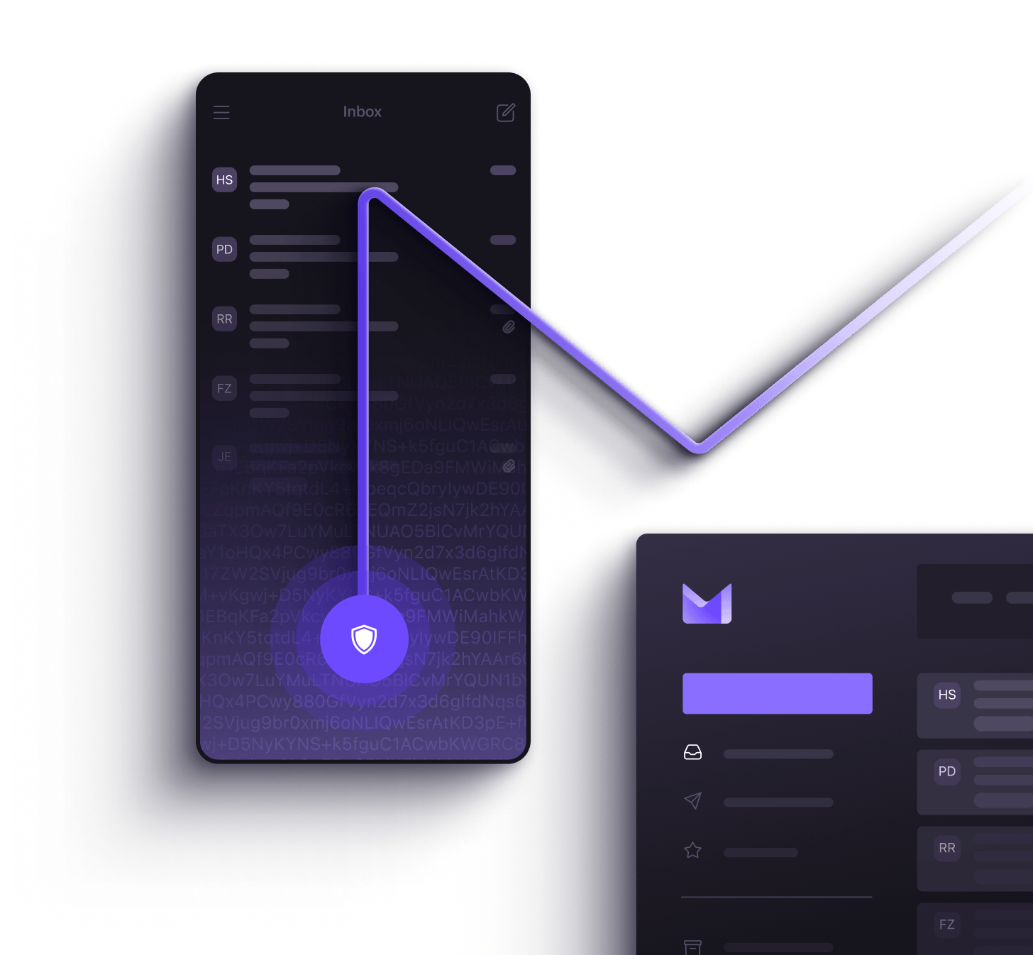 Bilder des Proton Mail-Posteingangs und des Verfassen-Fensters mit Ende-zu-Ende- und Zero-Access-Verschlüsselung.
