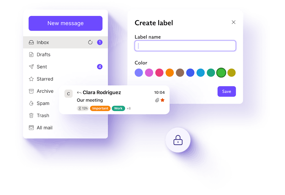Afbeeldingen van de interface van Proton Mail met mappen, labels en kleuren.