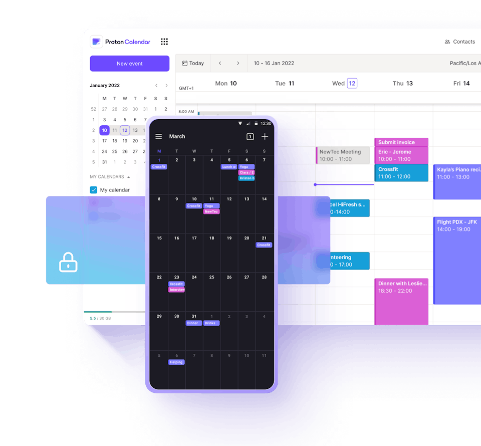 Imagens dos apps do Proton Calendar para web e Android no modo escuro.