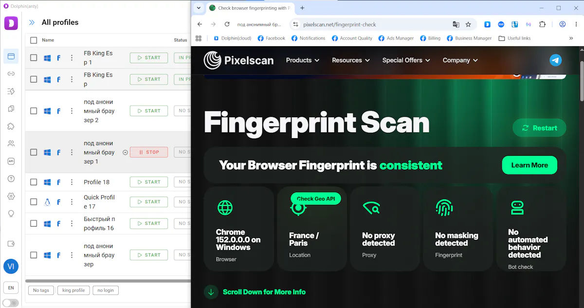 Pixelscan fingerprint scan showing a consistent, undetected browser fingerprint