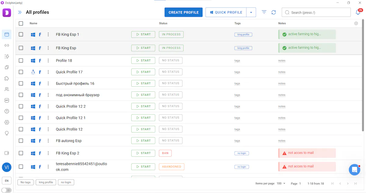 Dolphin Anty dashboard showing a list of multiple browser profiles