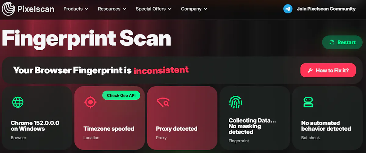 Pixelscan fingerprint scan flagging an inconsistent, detectable browser fingerprint