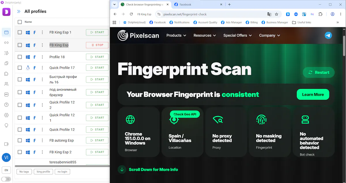 Fingerprint scan confirming a consistent browser identity for a Spain-based profile