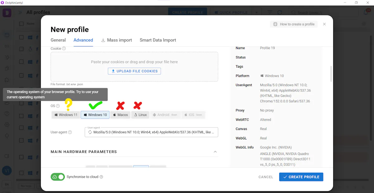 Choosing the operating system and hardware fingerprint for a new browser profile