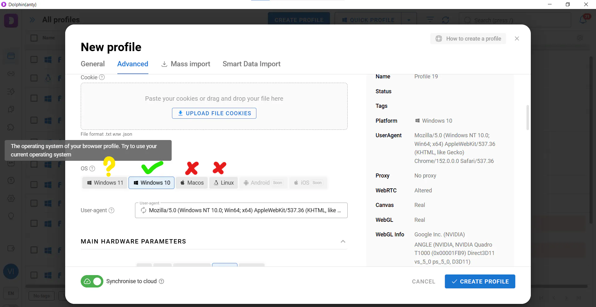 Choosing the operating system and hardware fingerprint for a new browser profile