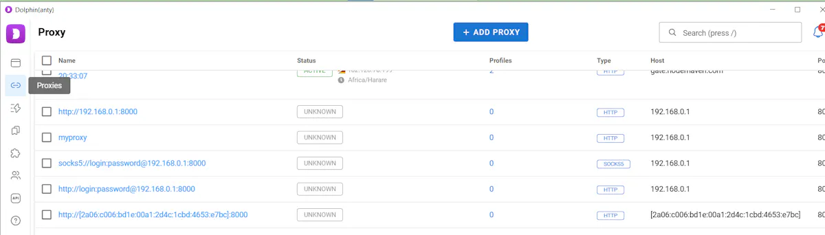 Managing a list of saved proxies in an antidetect browser