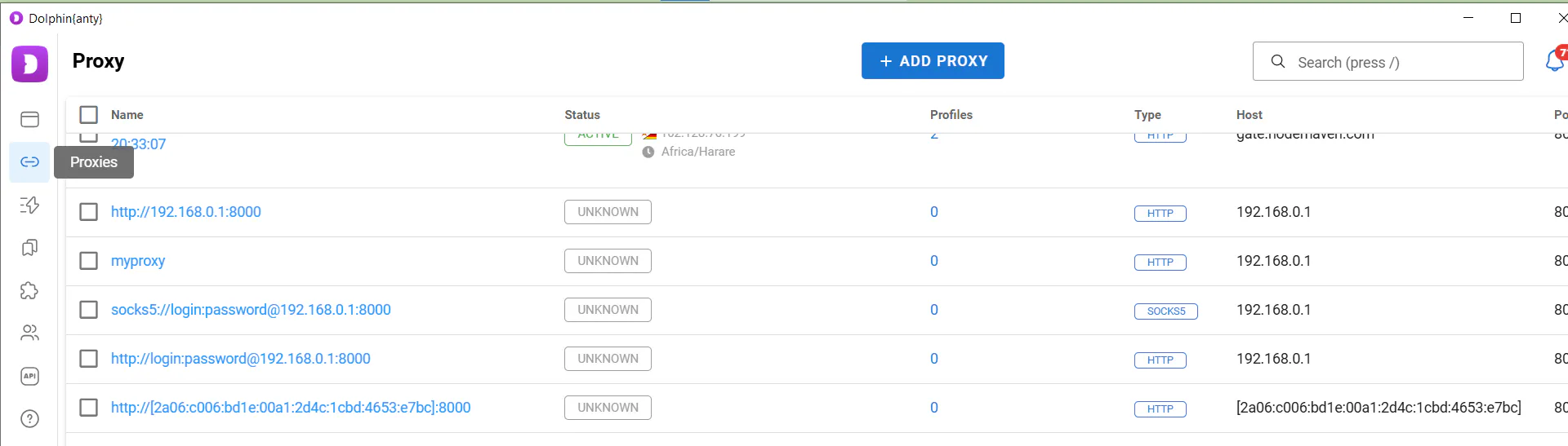 Managing a list of saved proxies in an antidetect browser