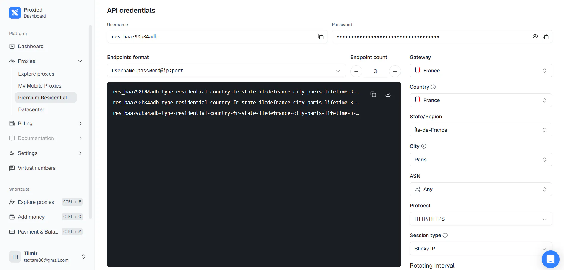 Residential proxy provider dashboard showing API credentials and endpoints