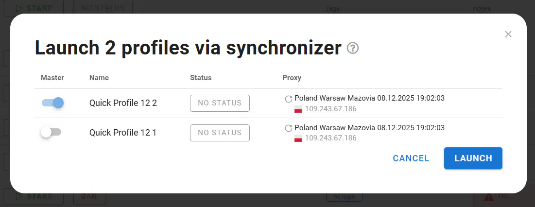 Launching two browser profiles together via Dolphin Anty's synchronizer