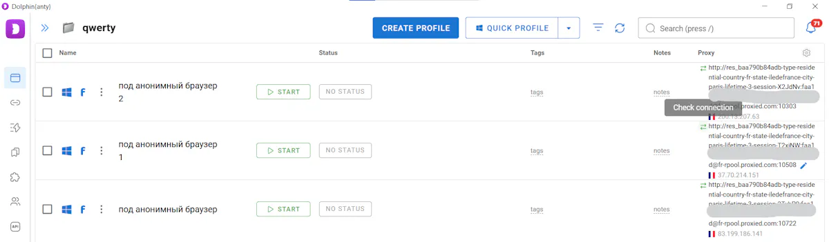 Browser profiles organized into a folder with their assigned proxies