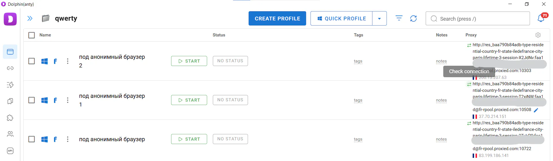 Browser profiles organized into a folder with their assigned proxies